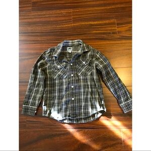 Roots boys medium plaid long-sleeve button-down shirt, olive and white